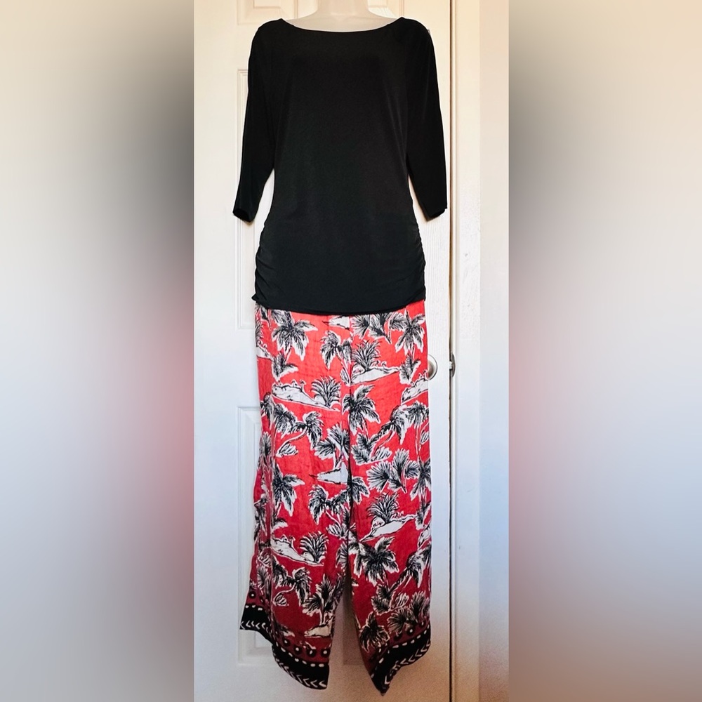 Tahari Burnt Orange & Black Palm Print 100% Linen Ankle Length Pants